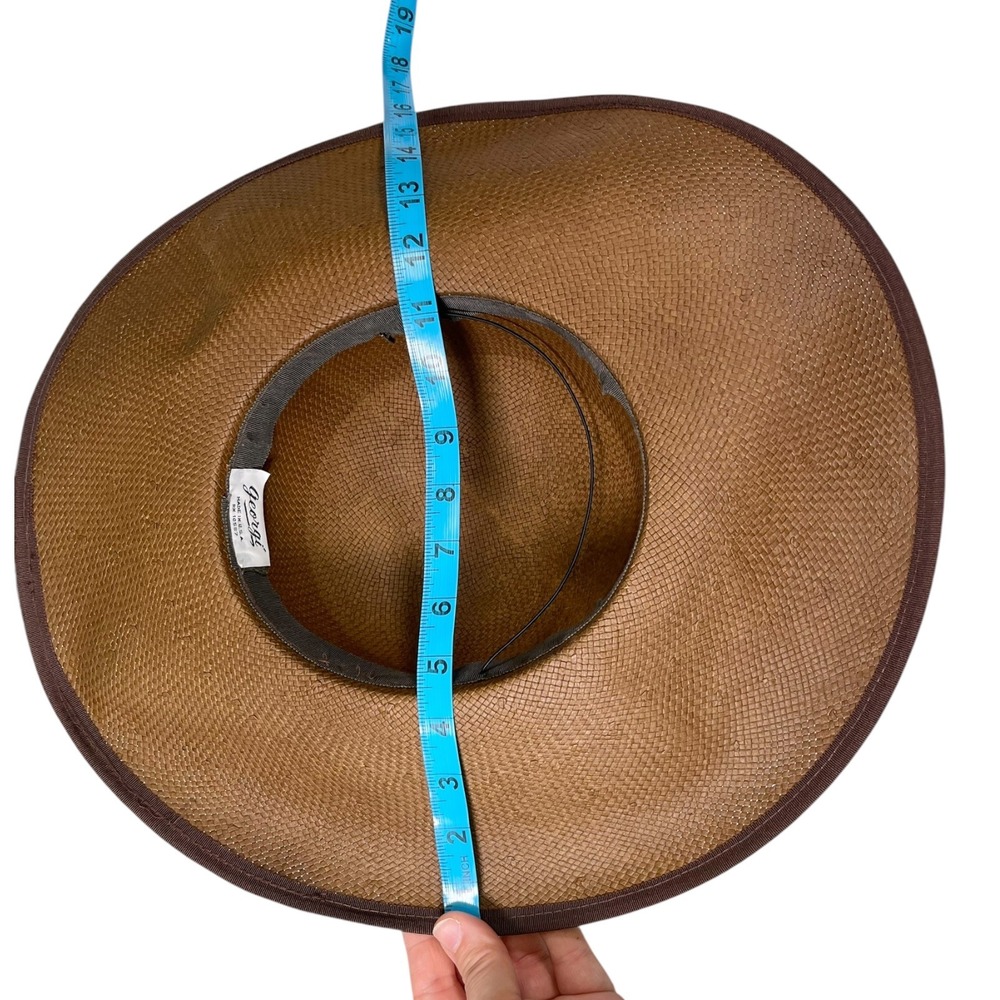 Georgi OS Brown Wide Brim Sun Hat Satin Bow Trim Made in USA Vintage Old Money